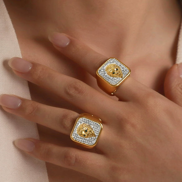 Wholesale Women's Light Luxury Minimalist Geometric Square Lion Head Full Diamond Ring Stainless Steel 18K Gold Plated Jewelry