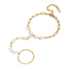 Wholesale Women's Light Luxury Minimalist Geometric Stainless Steel Real Gold Plated Finger Chain Bracelet With Natural Freshwater Pearls