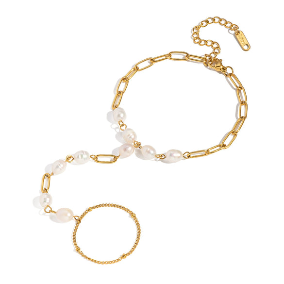 Wholesale Women's Light Luxury Minimalist Geometric Stainless Steel Real Gold Plated Finger Chain Bracelet With Natural Freshwater Pearls