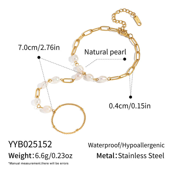 Wholesale Women's Light Luxury Minimalist Geometric Stainless Steel Real Gold Plated Finger Chain Bracelet With Natural Freshwater Pearls