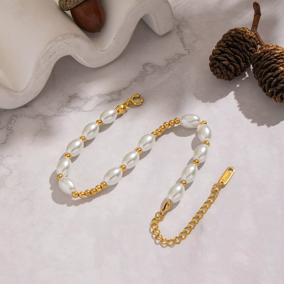 Wholesale Women's Light Luxury Minimalist Geometric Stainless Steel Real Gold Plated Pearl Beaded Bracelet Jewelry
