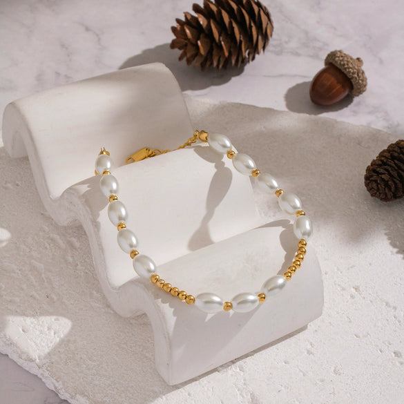 Wholesale Women's Light Luxury Minimalist Geometric Stainless Steel Real Gold Plated Pearl Beaded Bracelet Jewelry