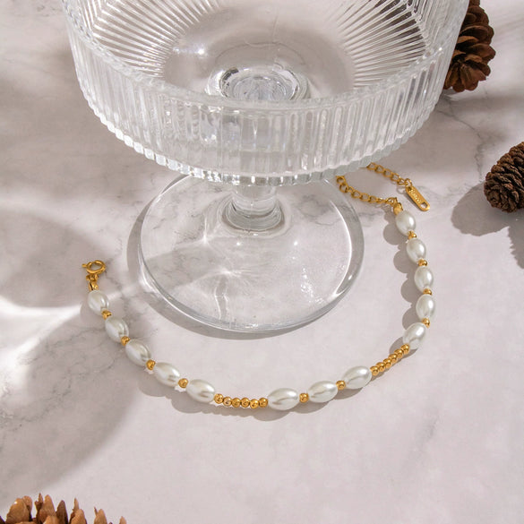 Wholesale Women's Light Luxury Minimalist Geometric Stainless Steel Real Gold Plated Pearl Beaded Bracelet Jewelry
