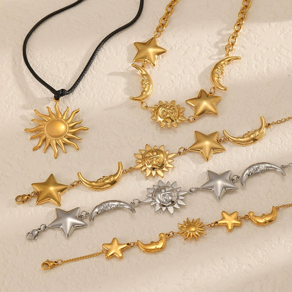 Wholesale Women's Light Luxury Minimalist Star Shape Real Gold Plated Stainless Steel Jewelry Set Necklace Bracelet