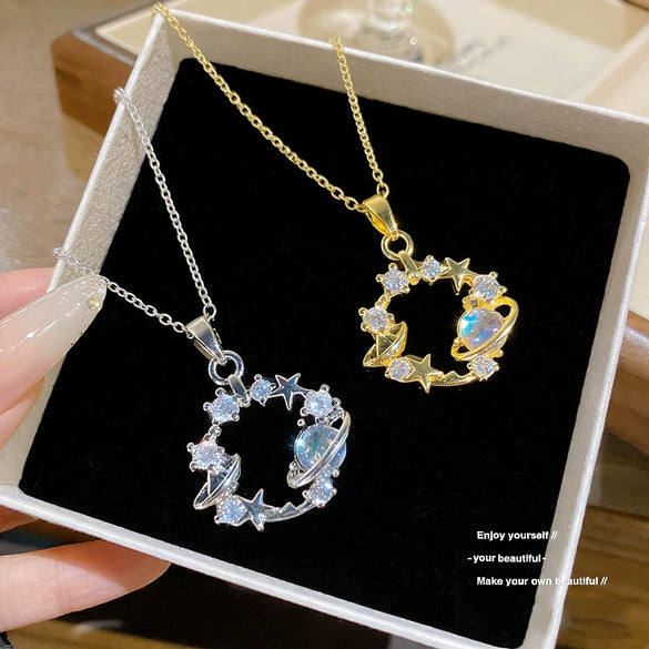 Wholesale Women's Light Luxury Minimalist Star Shape Zircon Inlaid Copper Pendant Titanium Steel Oshaped Chain Necklace
