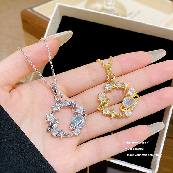 Wholesale Women's Light Luxury Minimalist Star Shape Zircon Inlaid Copper Pendant Titanium Steel Oshaped Chain Necklace