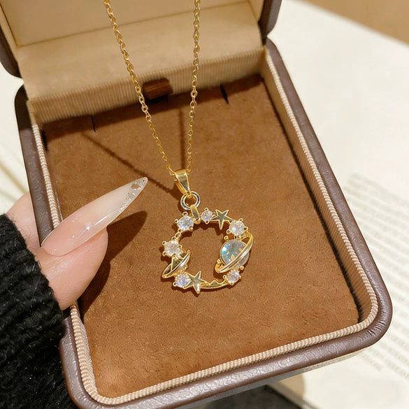 Wholesale Women's Light Luxury Minimalist Star Shape Zircon Inlaid Copper Pendant Titanium Steel Oshaped Chain Necklace