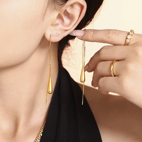 Wholesale Women's Light Luxury Niche Design Hot Water Drop Tassel Earrings In Stainless Steel With Geometric Pattern And Electroplating Treatment