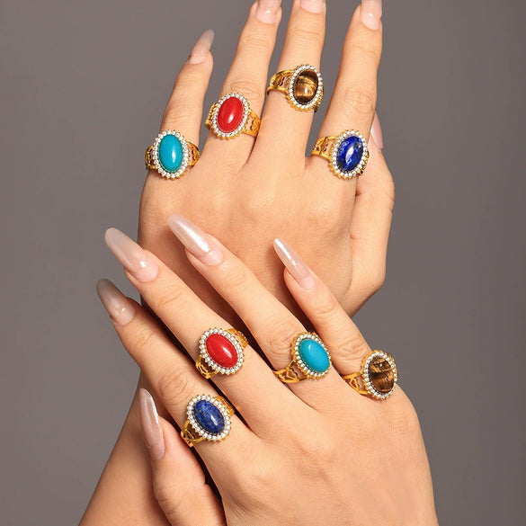 Wholesale Women's Light Luxury Omega Wave Oval Open Ring In Stainless Steel With Natural Stone And Zircon Pvd Plating