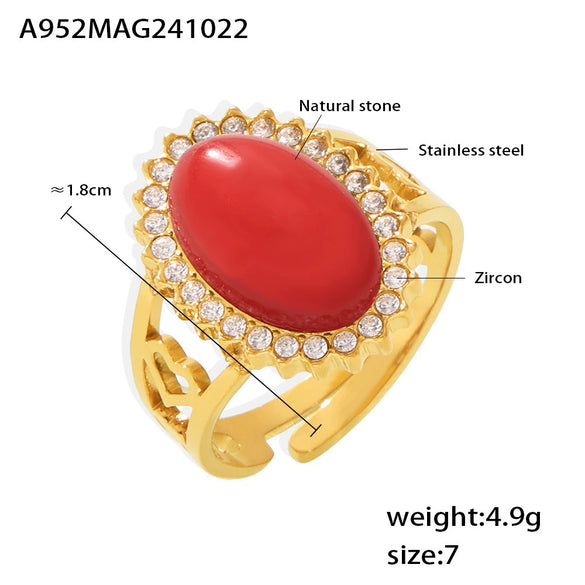 Wholesale Women's Light Luxury Omega Wave Oval Open Ring In Stainless Steel With Natural Stone And Zircon Pvd Plating