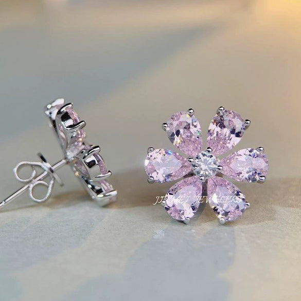 Wholesale Women's Light Luxury Pink Flower Earrings Made Of 925 Silver With Diamond Design