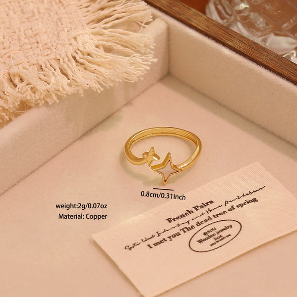 Wholesale Women's Light Luxury Real Gold Plated Copper Heart Shape Star And Moon Open Ring Jewelry