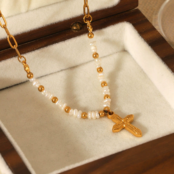 Wholesale Women's Light Luxury Retro Natural Freshwater Pearl Stainless Steel Geometric Cross Pendant Necklace With Electroplating