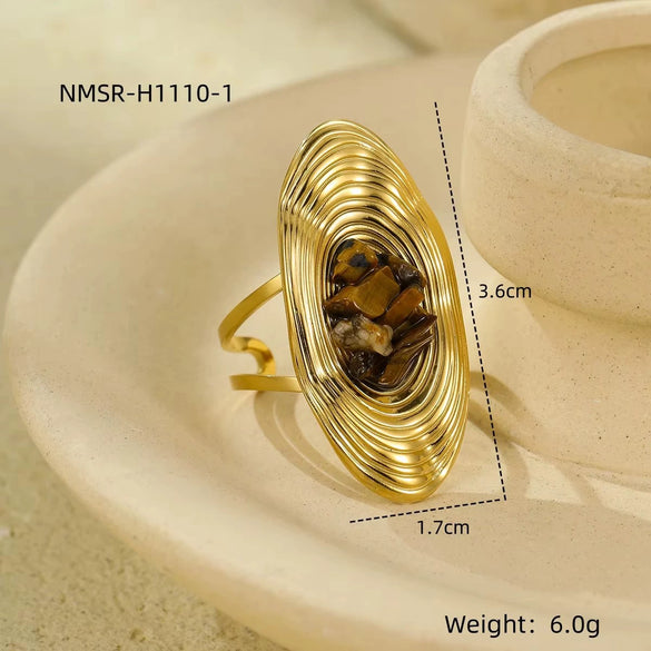 Wholesale Women's Light Luxury Retro Stainless Steel Oval Ring Inlaid With Natural Stone And Electroplated