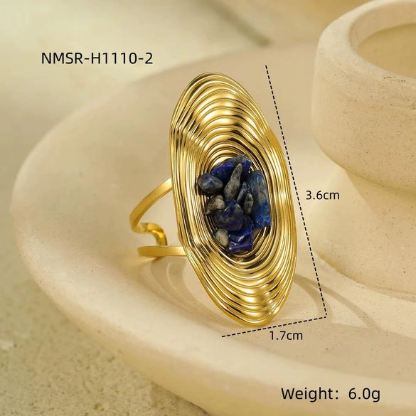 Wholesale Women's Light Luxury Retro Stainless Steel Oval Ring Inlaid With Natural Stone And Electroplated