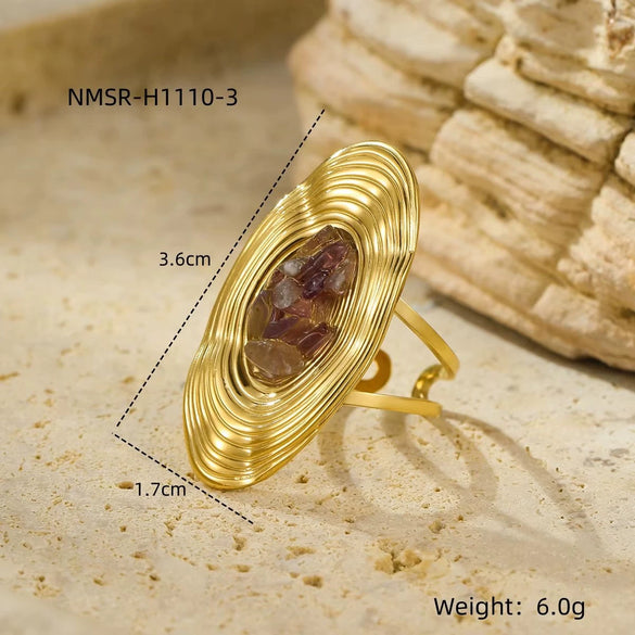 Wholesale Women's Light Luxury Retro Stainless Steel Oval Ring Inlaid With Natural Stone And Electroplated