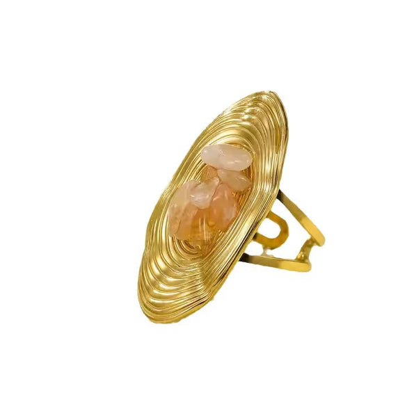 Wholesale Women's Light Luxury Retro Stainless Steel Oval Ring Inlaid With Natural Stone And Electroplated