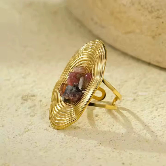 Wholesale Women's Light Luxury Retro Stainless Steel Oval Ring Inlaid With Natural Stone And Electroplated