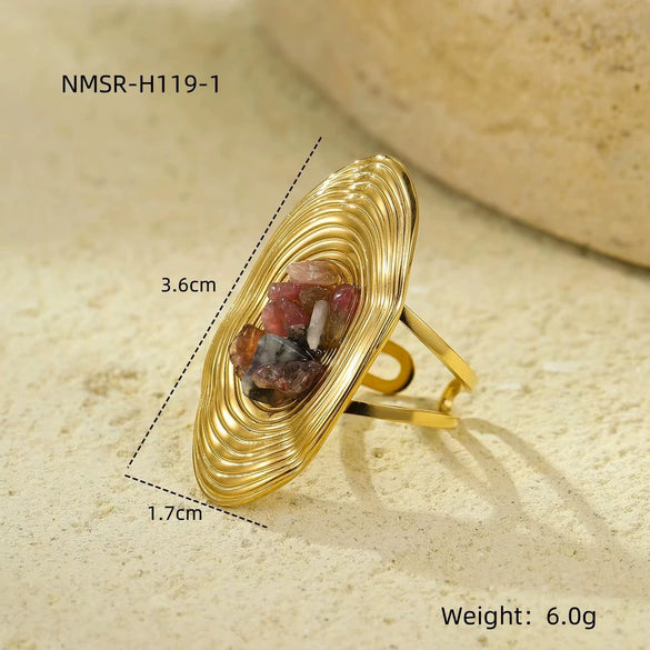 Wholesale Women's Light Luxury Retro Stainless Steel Oval Ring Inlaid With Natural Stone And Electroplated