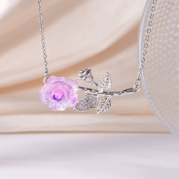 Wholesale Women's Light Luxury Rose Flower Pendant Necklace Copper Electroplating Mixed Gemstone Setting O Chain Jewelry