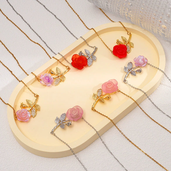Wholesale Women's Light Luxury Rose Flower Pendant Necklace Copper Electroplating Mixed Gemstone Setting O Chain Jewelry