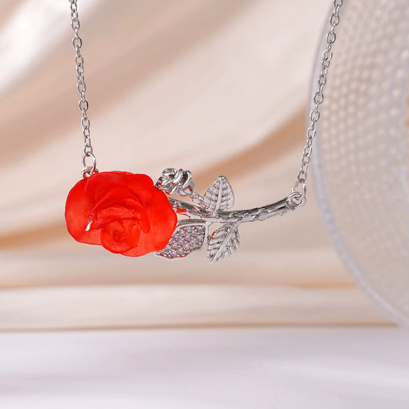 Wholesale Women's Light Luxury Rose Flower Pendant Necklace Copper Electroplating Mixed Gemstone Setting O Chain Jewelry
