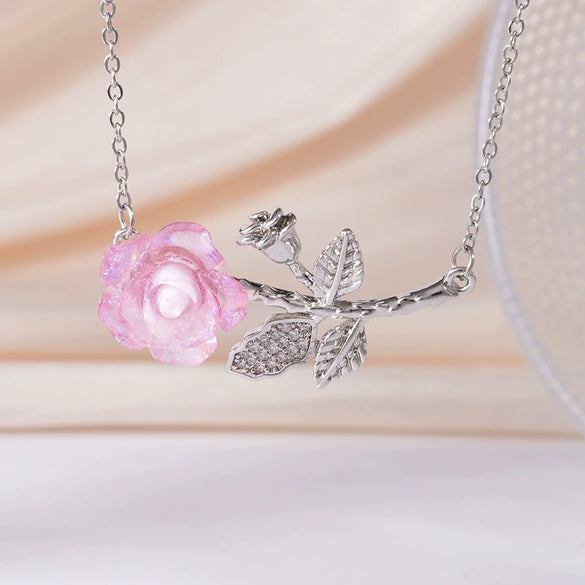 Wholesale Women's Light Luxury Rose Flower Pendant Necklace Copper Electroplating Mixed Gemstone Setting O Chain Jewelry
