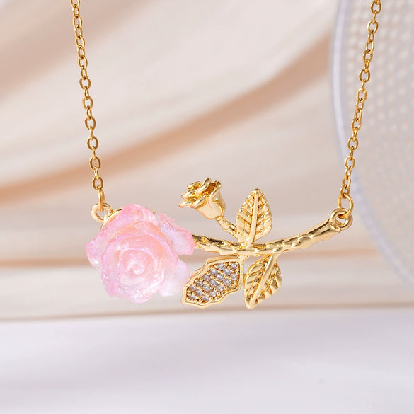Wholesale Women's Light Luxury Rose Flower Pendant Necklace Copper Electroplating Mixed Gemstone Setting O Chain Jewelry