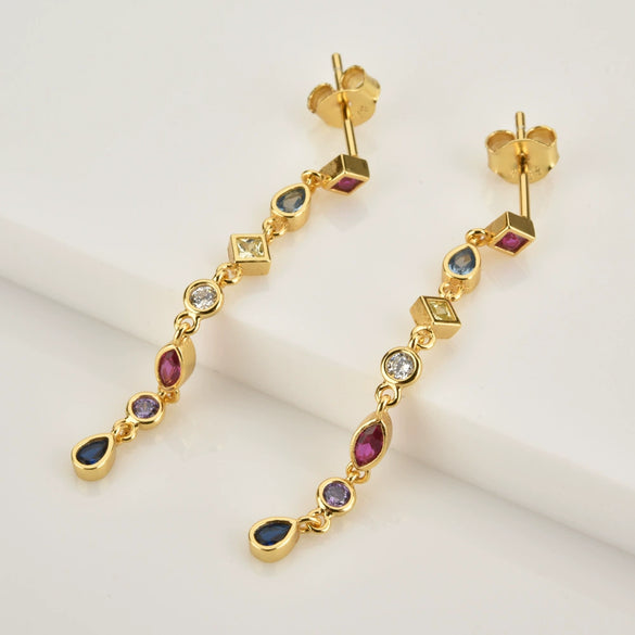 Wholesale Women's Light Luxury S925 Sterling Silver Long Earrings With Colorful Zircon Tassels Geometric Design Platinum Or 18K Gold Electroplated