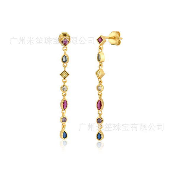 Wholesale Women's Light Luxury S925 Sterling Silver Long Earrings With Colorful Zircon Tassels Geometric Design Platinum Or 18K Gold Electroplated