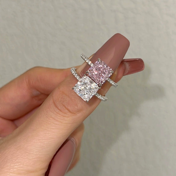Wholesale Women's Light Luxury S925 Sterling Silver Ring With Geometric Pattern And Square Zircon Inlaid By Four Claw Ice Flower Cut And Electroplated