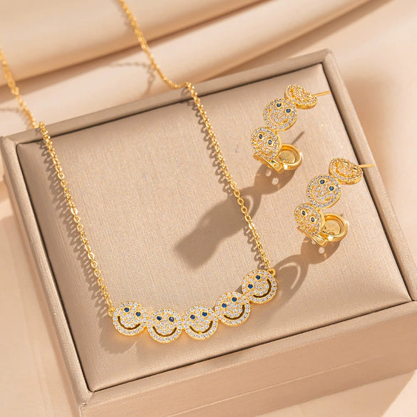 Wholesale Women's Light Luxury Smiley Face Electroplated Titanium Steel And Copper Necklace And Earrings Set