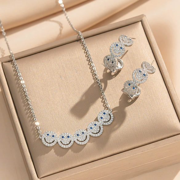 Wholesale Women's Light Luxury Smiley Face Electroplated Titanium Steel And Copper Necklace And Earrings Set