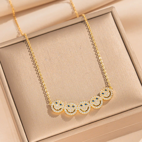 Wholesale Women's Light Luxury Smiley Face Electroplated Titanium Steel And Copper Necklace And Earrings Set
