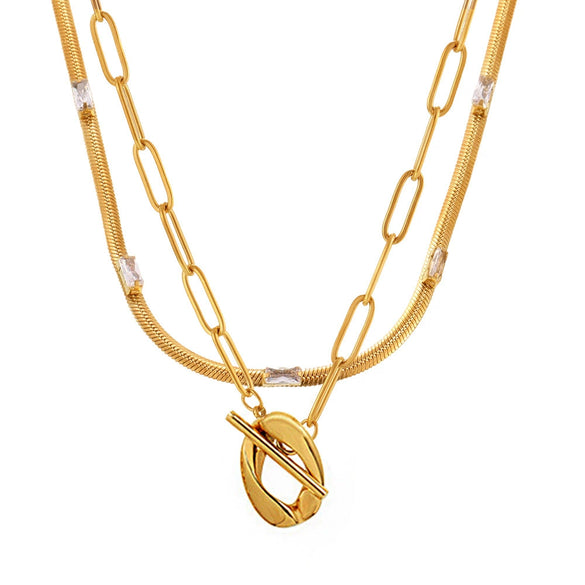 Wholesale Women's Light Luxury Square Zircon Stainless Steel Gold Plated Double Layer Stacked Blade Chain Necklace With Omega Ot Buckle And Geometric Design