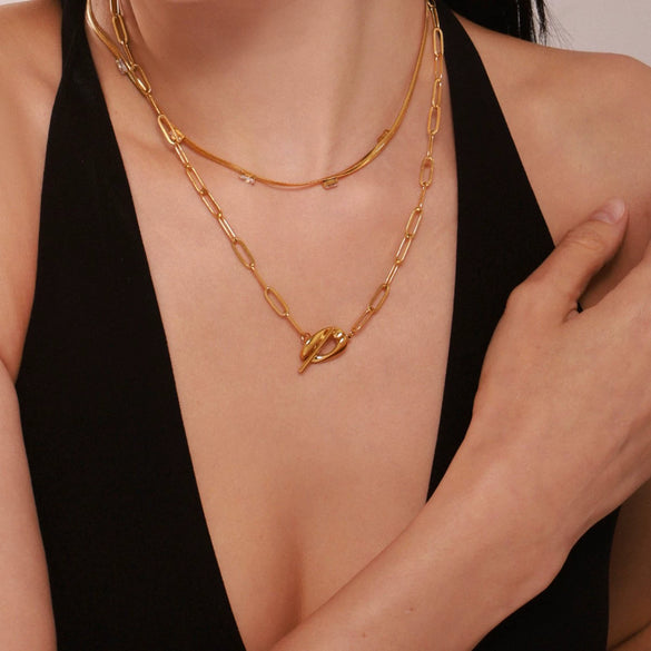 Wholesale Women's Light Luxury Square Zircon Stainless Steel Gold Plated Double Layer Stacked Blade Chain Necklace With Omega Ot Buckle And Geometric Design