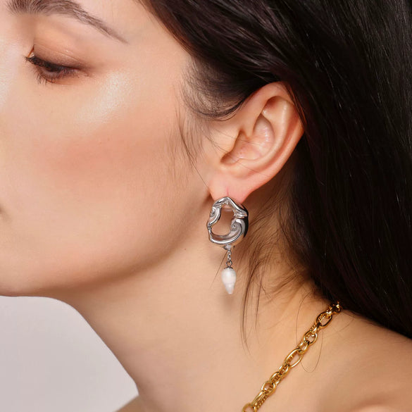 Wholesale Women's Light Luxury 316L Stainless Steel And Freshwater Pearl Geometric Hollow Lava Irregular Plated Pendant Earrings