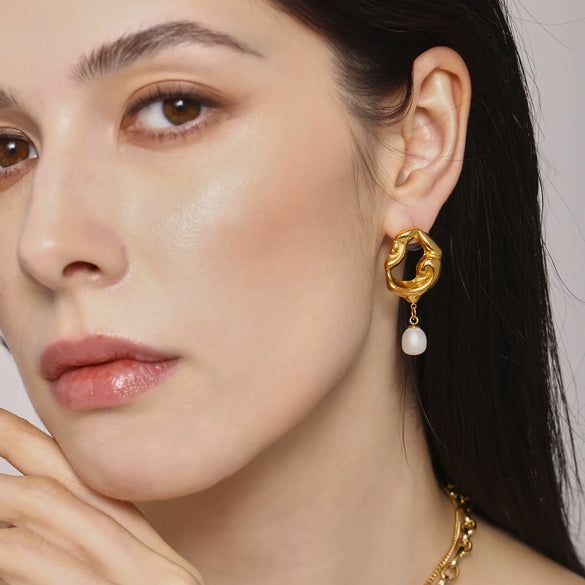 Wholesale Women's Light Luxury 316L Stainless Steel And Freshwater Pearl Geometric Hollow Lava Irregular Plated Pendant Earrings