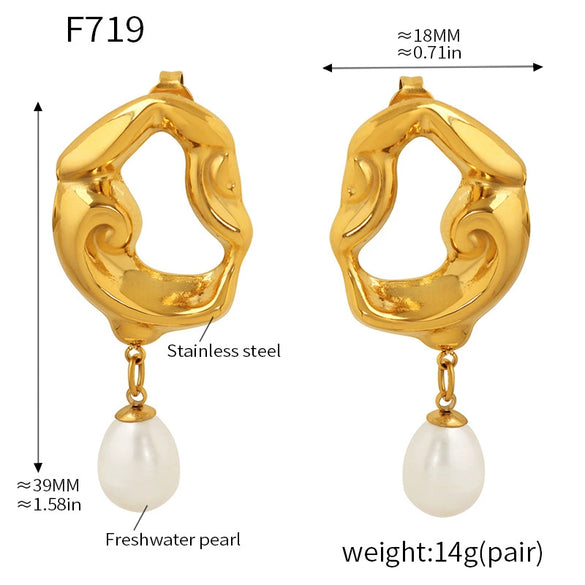 Wholesale Women's Light Luxury 316L Stainless Steel And Freshwater Pearl Geometric Hollow Lava Irregular Plated Pendant Earrings