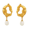 Wholesale Women's Light Luxury 316L Stainless Steel And Freshwater Pearl Geometric Hollow Lava Irregular Plated Pendant Earrings