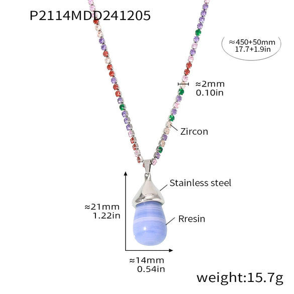 Wholesale Women's Light Luxury Stainless Steel And Resin Water Drop Clavicle Necklace With Colorful Zircon And Geometric Pattern Electroplated