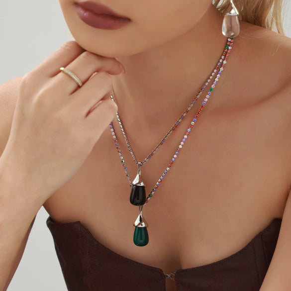 Wholesale Women's Light Luxury Stainless Steel And Resin Water Drop Clavicle Necklace With Colorful Zircon And Geometric Pattern Electroplated