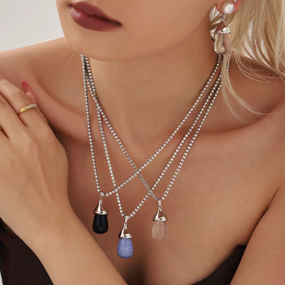 Wholesale Women's Light Luxury Stainless Steel And Resin Water Drop Clavicle Necklace With Colorful Zircon And Geometric Pattern Electroplated
