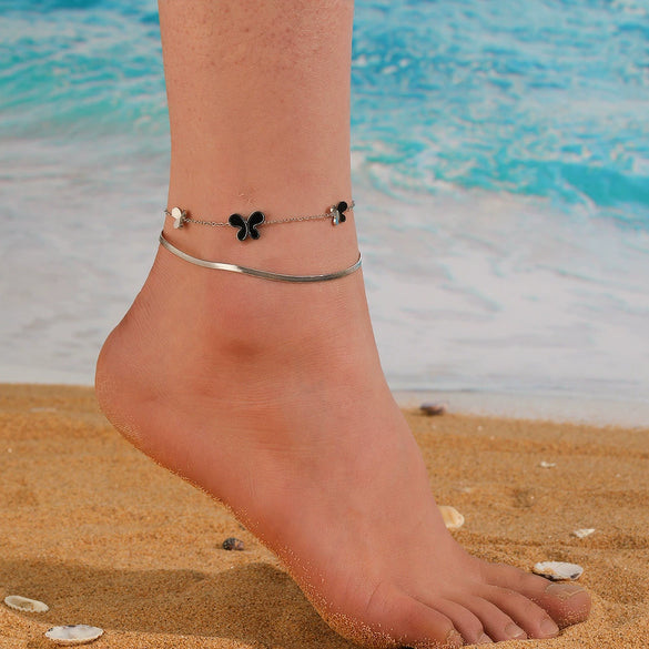 Wholesale Women's Light Luxury Stainless Steel And Titanium Steel Doublelayer Butterfly Inlaid White And Black Shell Anklet