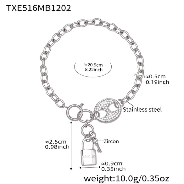 Wholesale Women's Light Luxury Stainless Steel And Zircon Pig Nose Lock Tassel Pendant 18K Real Gold Plated Necklace And Bracelet Set
