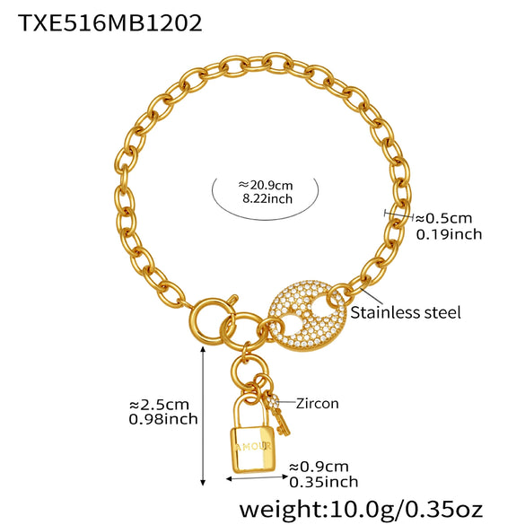 Wholesale Women's Light Luxury Stainless Steel And Zircon Pig Nose Lock Tassel Pendant 18K Real Gold Plated Necklace And Bracelet Set