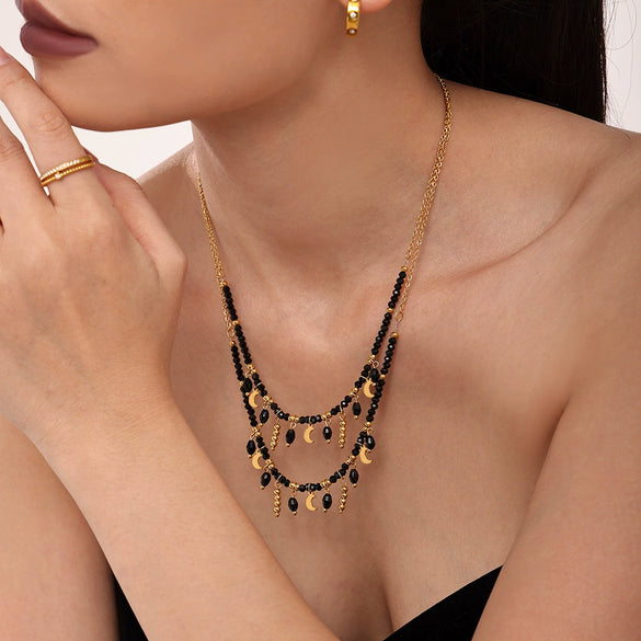 Wholesale Women's Light Luxury Stainless Steel Black Crystal Geometric Tassel Moon Collarbone Necklace With Electroplating