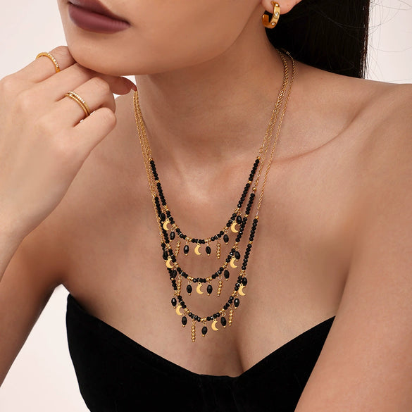 Wholesale Women's Light Luxury Stainless Steel Black Crystal Geometric Tassel Moon Collarbone Necklace With Electroplating