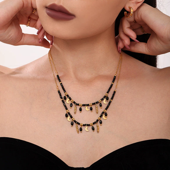 Wholesale Women's Light Luxury Stainless Steel Black Crystal Geometric Tassel Moon Collarbone Necklace With Electroplating