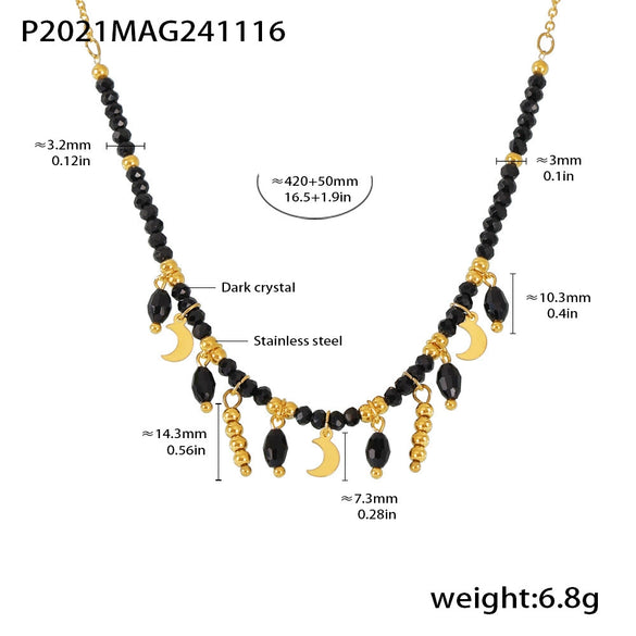 Wholesale Women's Light Luxury Stainless Steel Black Crystal Geometric Tassel Moon Collarbone Necklace With Electroplating